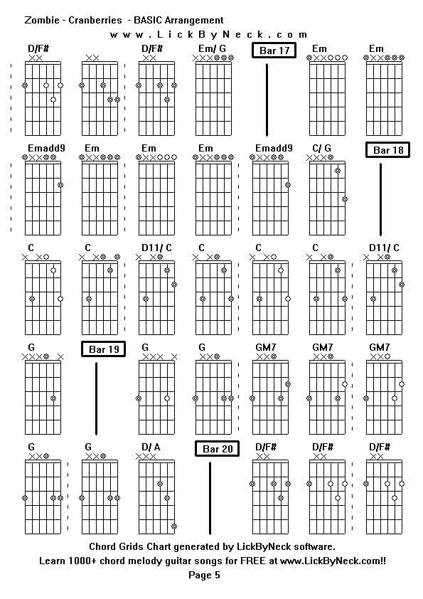 Chord Grids Chart of chord melody fingerstyle guitar song-Zombie - Cranberries  - BASIC Arrangement,generated by LickByNeck software.